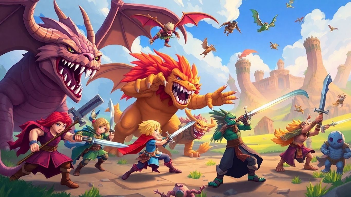 Fantasy RPG characters battling monsters in a game.