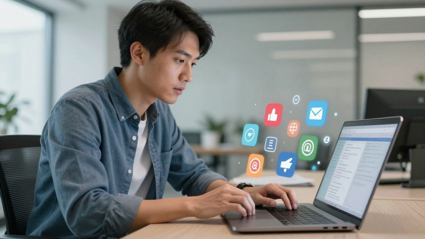 Gestionnaire de médias sociaux travaillant sur un ordinateur portable.