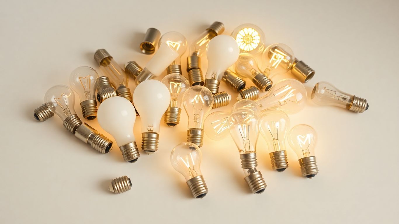Assortment of small light bulbs in various shapes and colours.