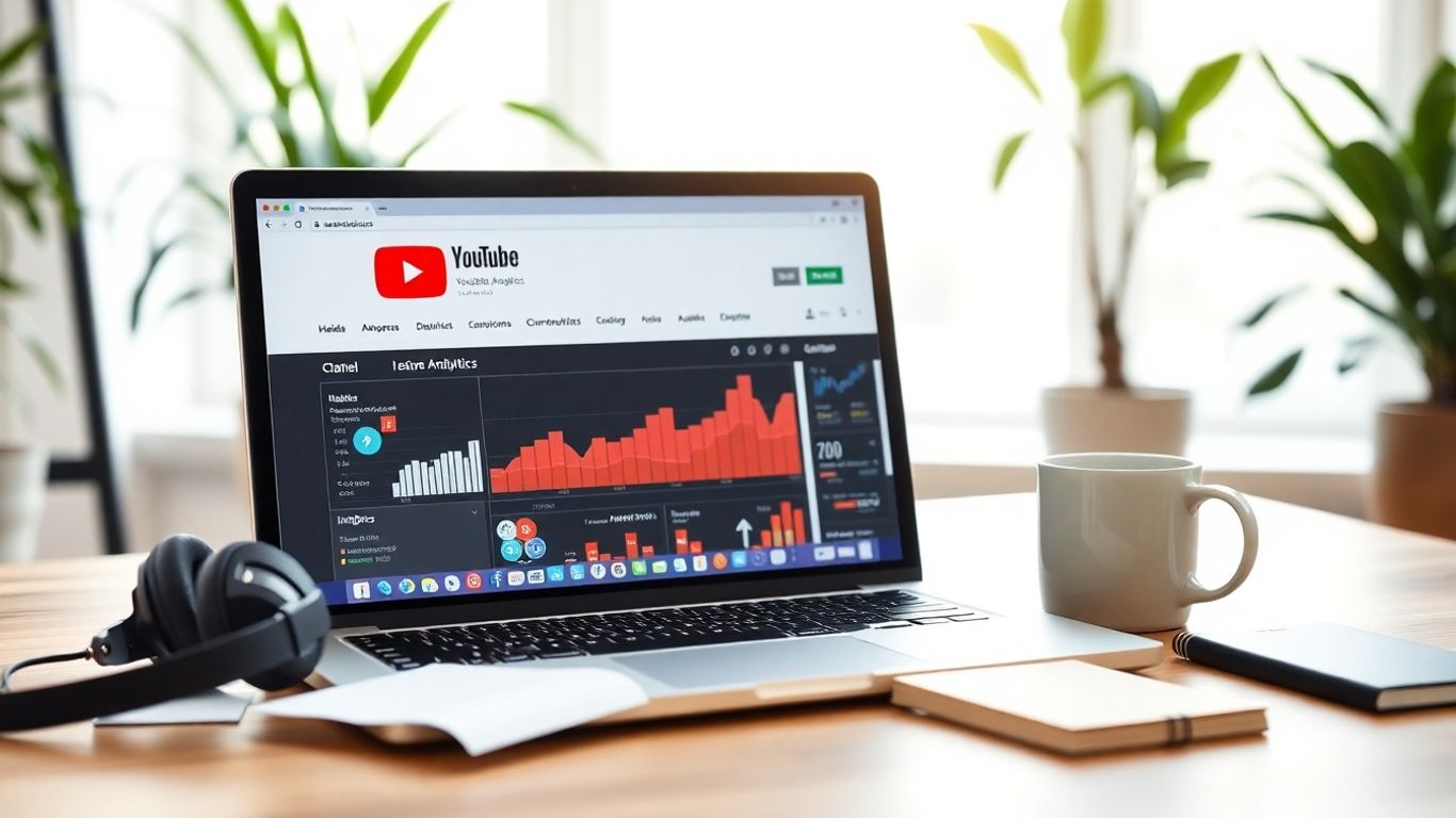 Photographic workspace with YouTube analytics on laptop