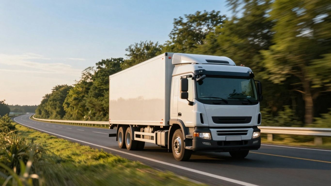 Electric truck on a highway at sunset.