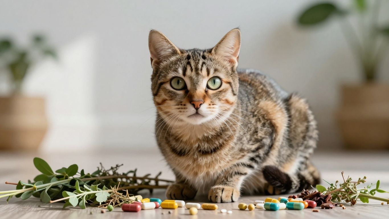 Cat with natural herbs and supplements for immunity.