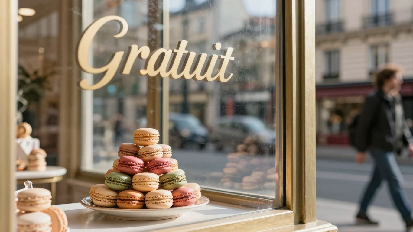 Parijse etalage met 'Gratuit'-bord en macarons.