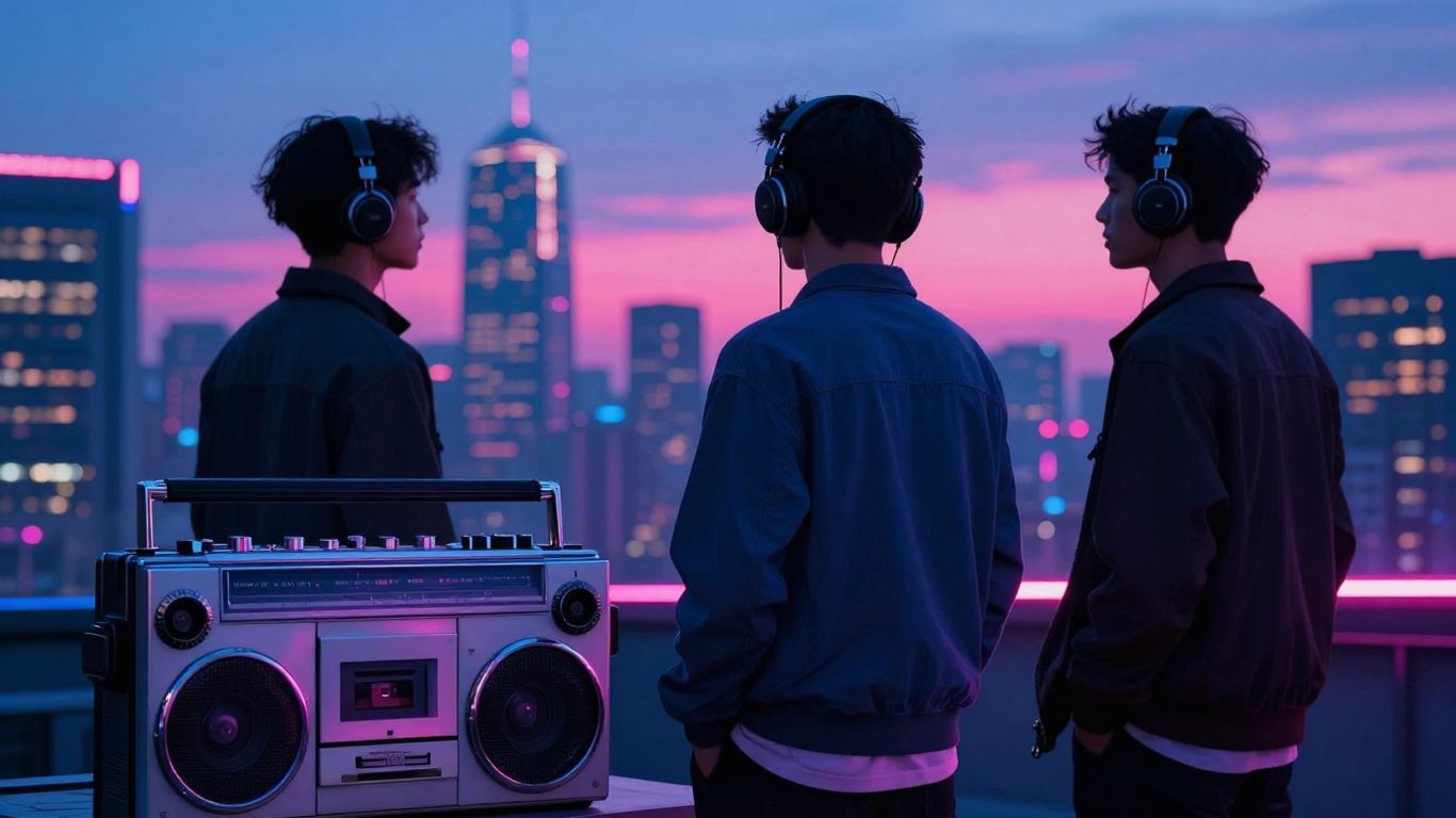 Neon cityscape with hip-hop elements and retrofuturistic vibe.