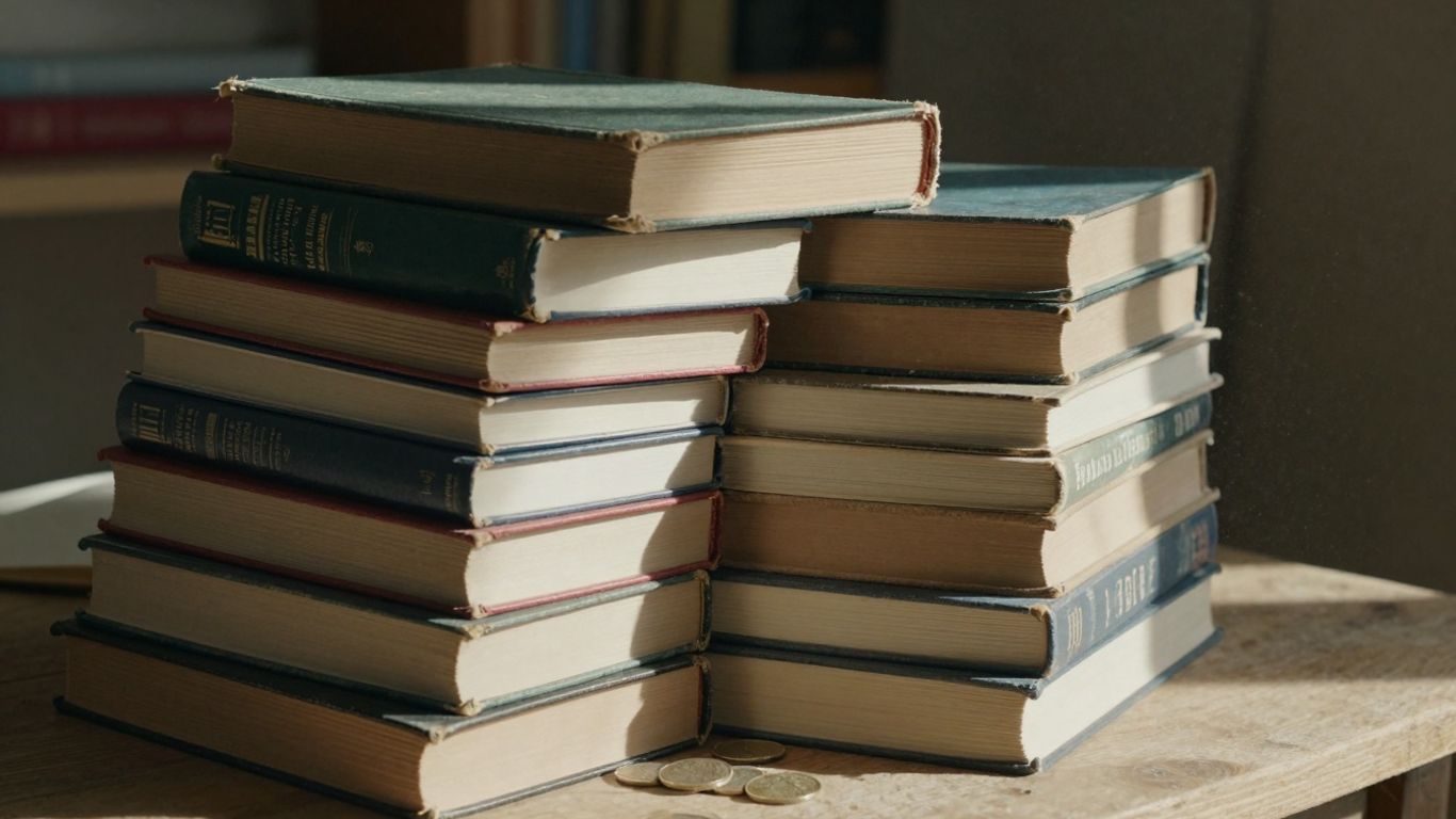 Stack of used books with sunlight and coins.