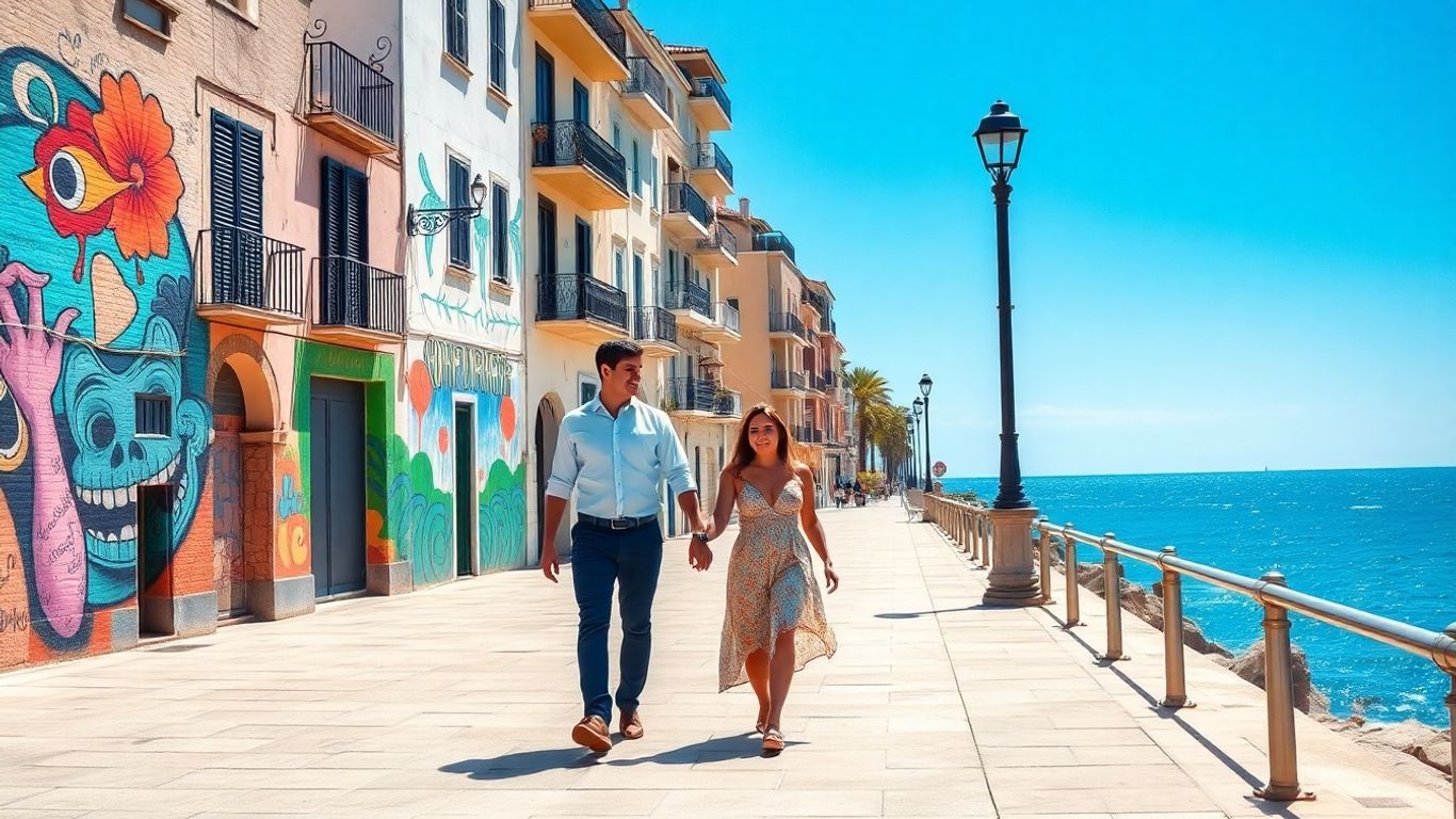 Couple sur une promenade ensoleillée avec de l'art urbain.