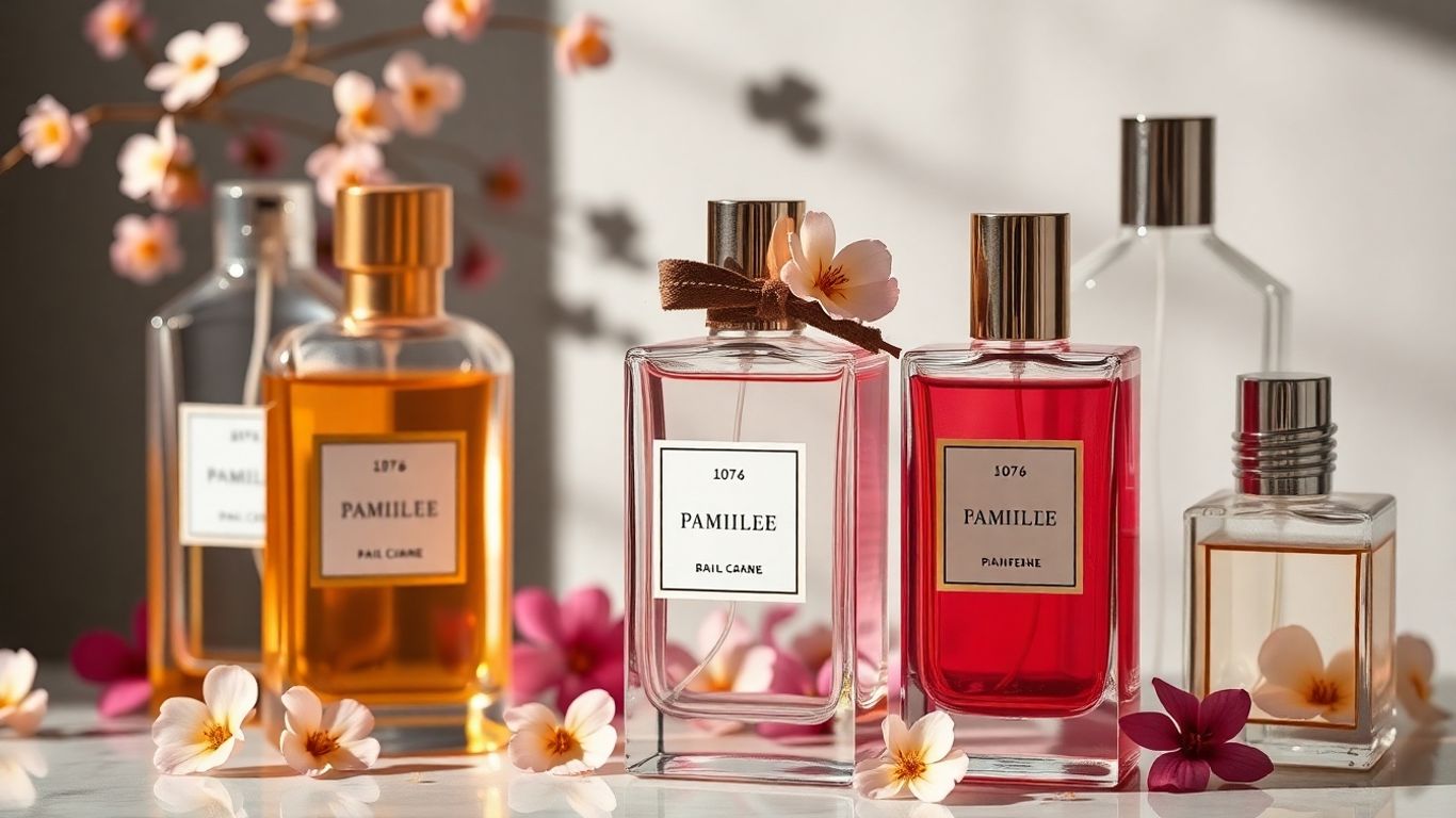 Perfume bottles with flowers and shimmering liquid.
