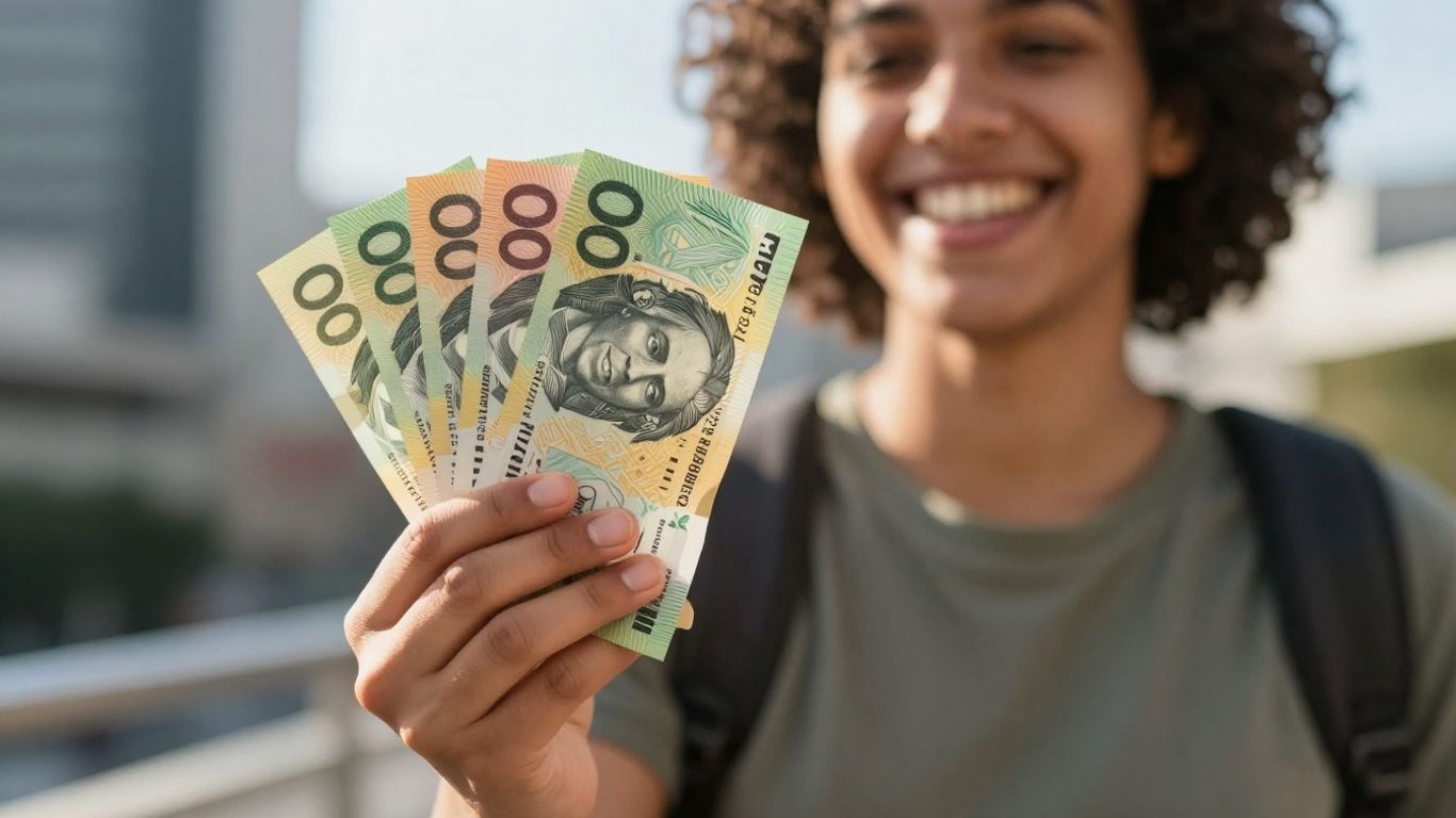 Australian dollars being held by a happy person.