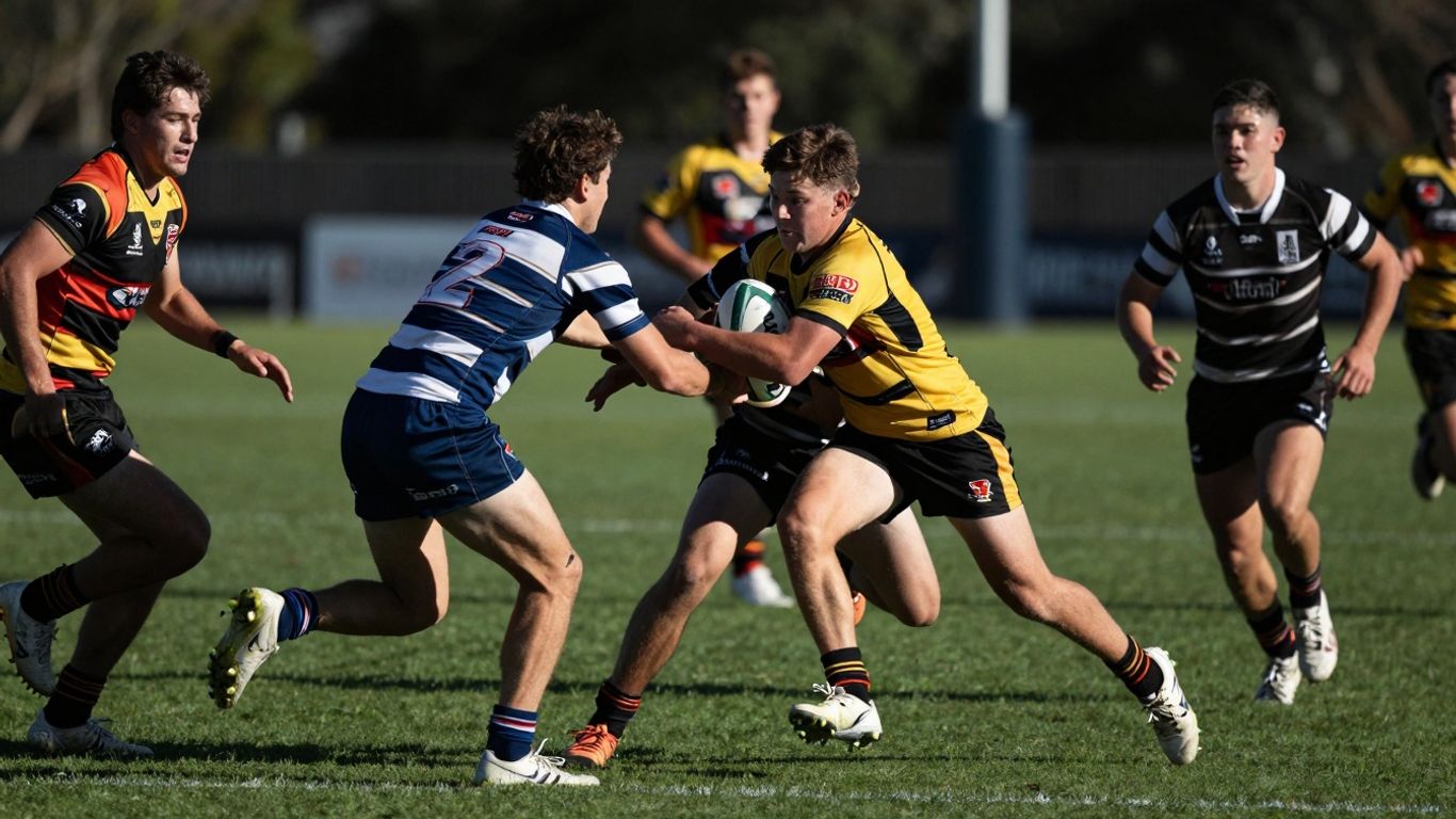 Young rugby league players in action on a field.