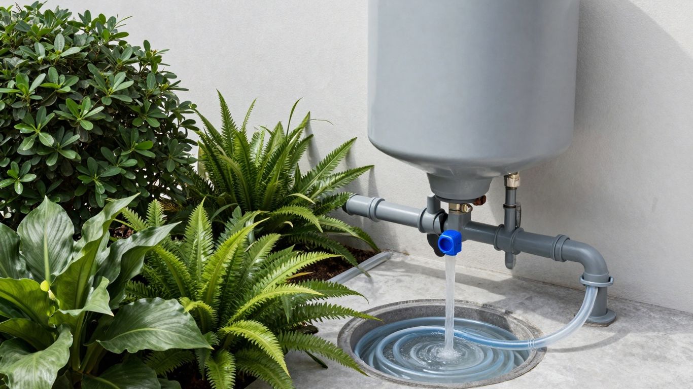 Plumbing pipes connected to a greywater recycling system in a home.