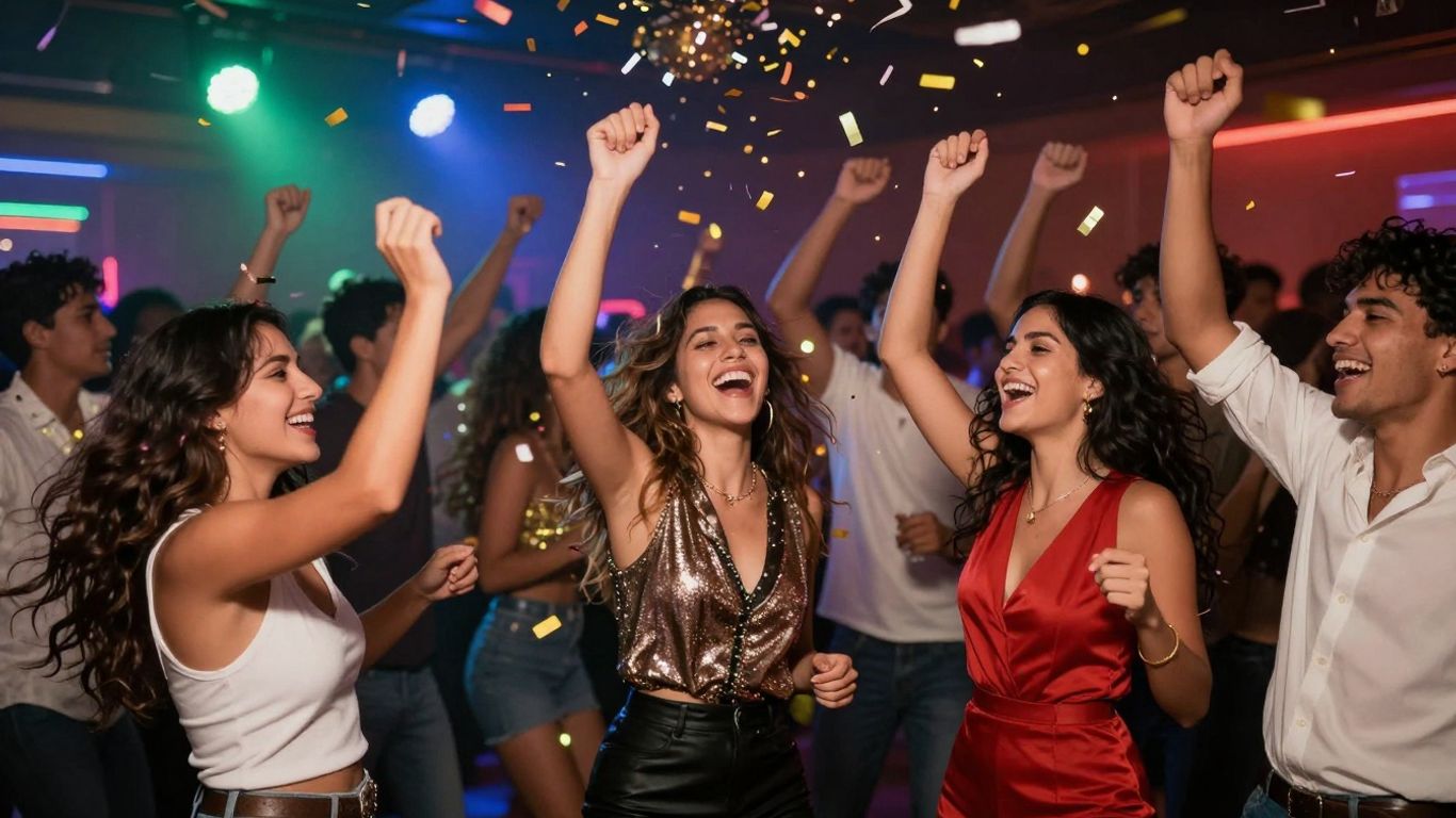 Feestelijke sfeer met confetti en dansende mensen.