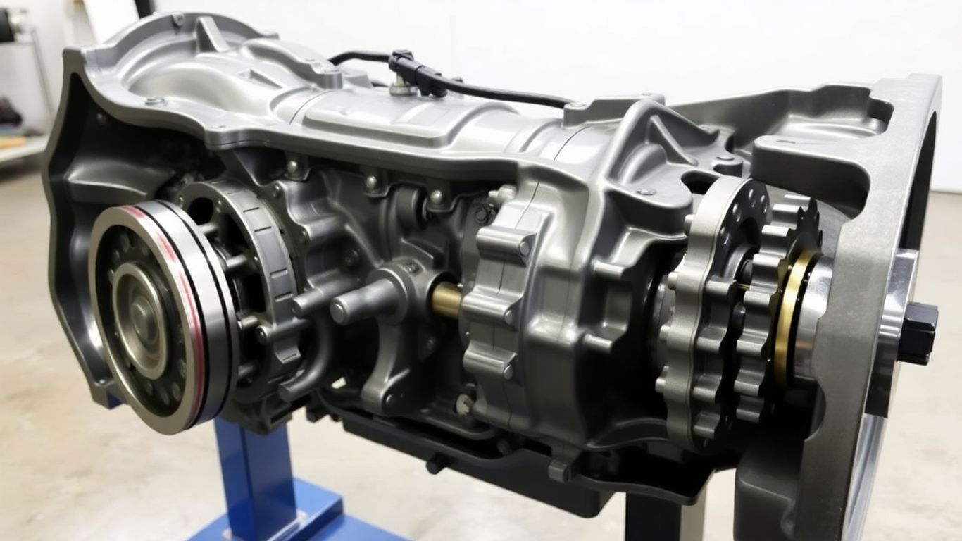 Rebuilt automatic transmission with visible gears and parts.