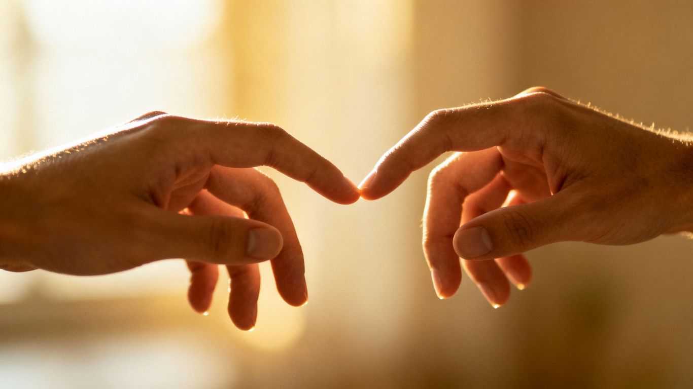 Two hands reaching towards each other, symbolizing connection.