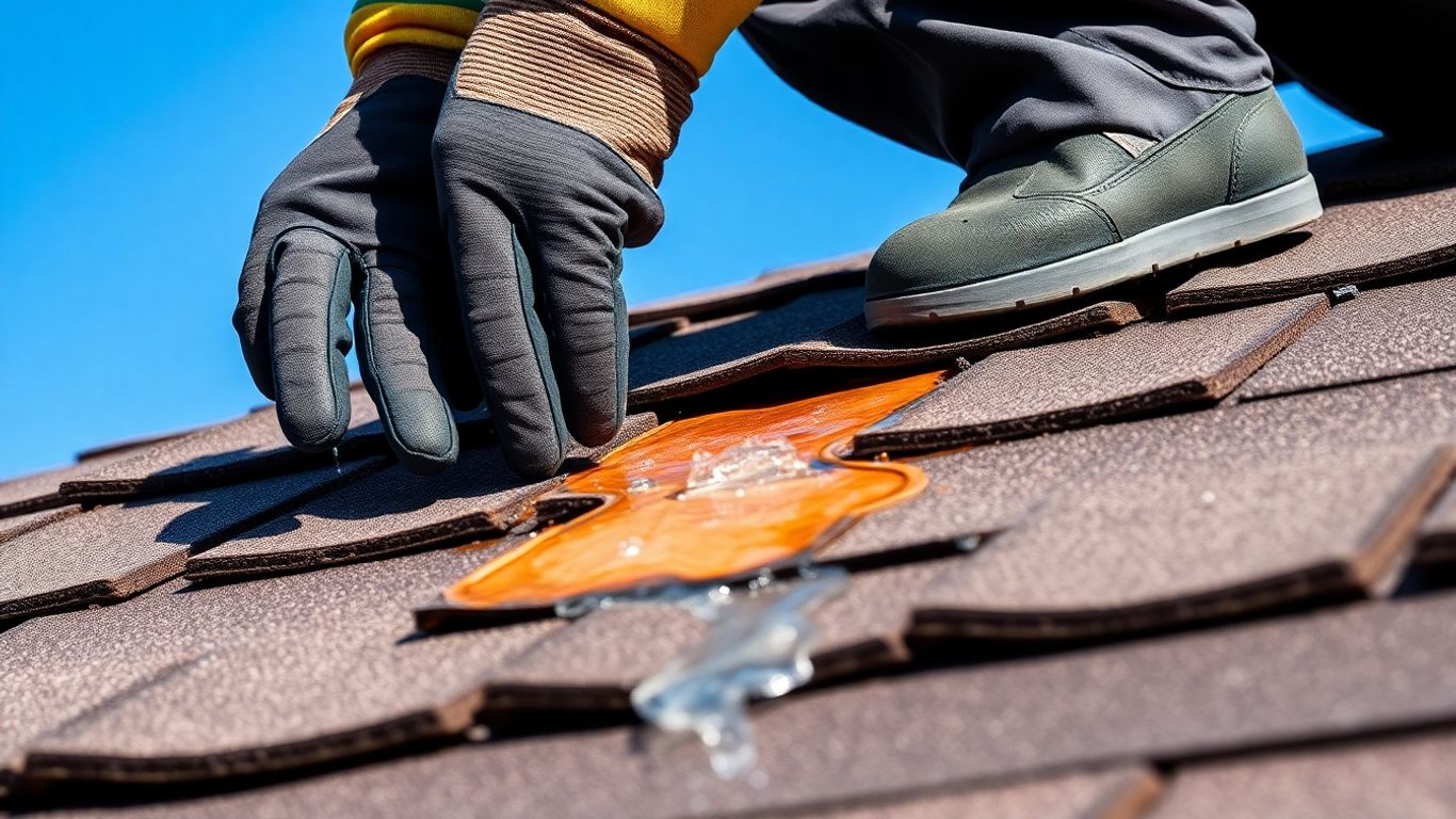 Roofer patching a leaking roof with hands and shingles.