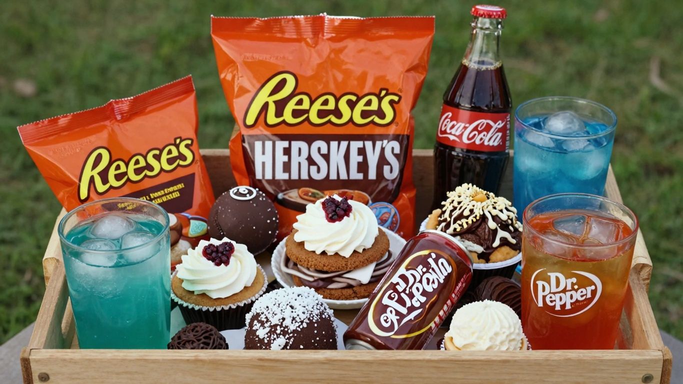 American sweets and drinks hamper overflowing with treats.