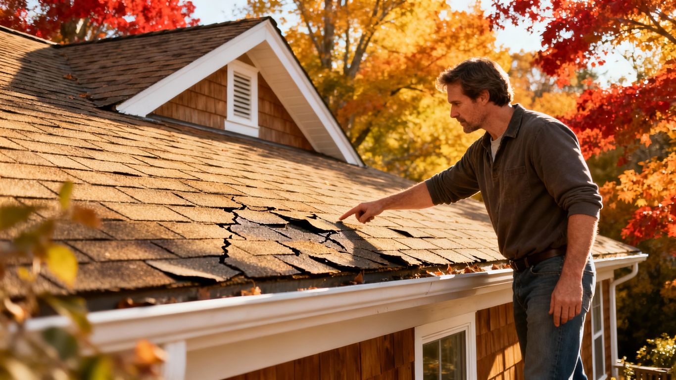 Homeowner inspecting a shingled roof in autumn.