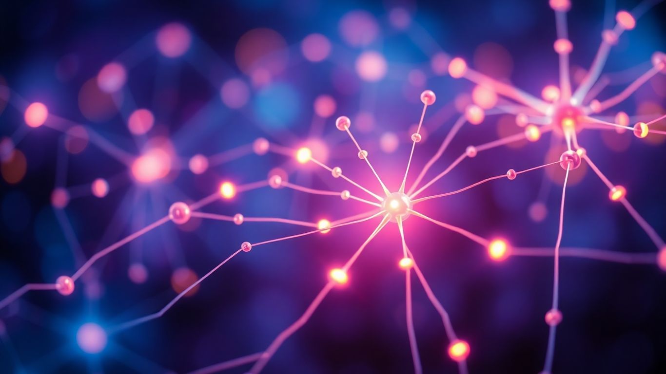 Abstract glowing neural network with interconnected nodes and light trails.