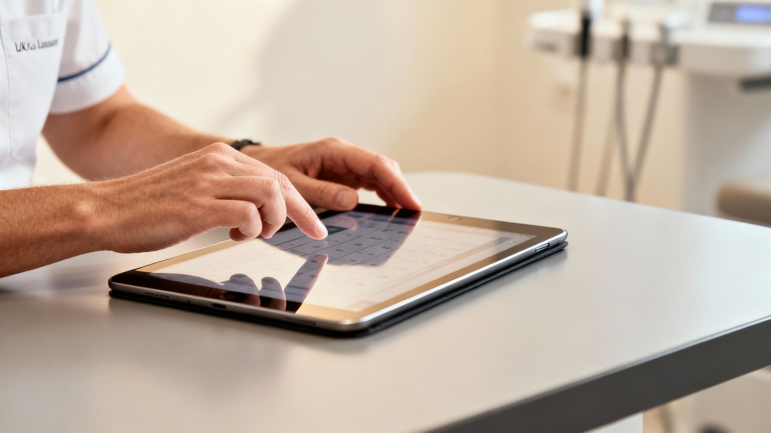 Clinic owner analysing schedule on a tablet device.