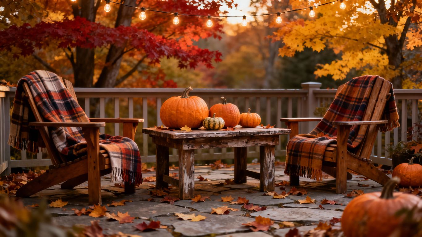 Outdoor patio ready for cooler weather with blankets and pumpkins.