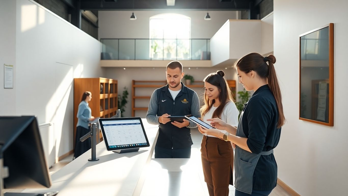 Hostel staff using technology for scheduling.