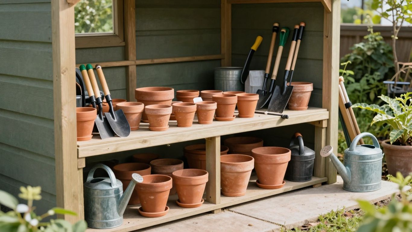 Aufgeräumter Gartenschuppen mit Werkzeugen und Pflanzen.
