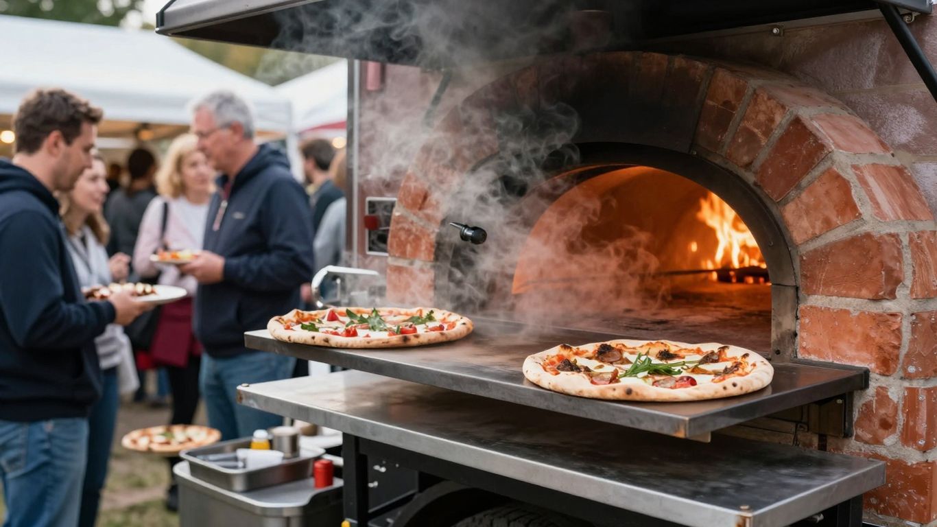 Mobile brick oven pizza truck serving guests at an outdoor event.