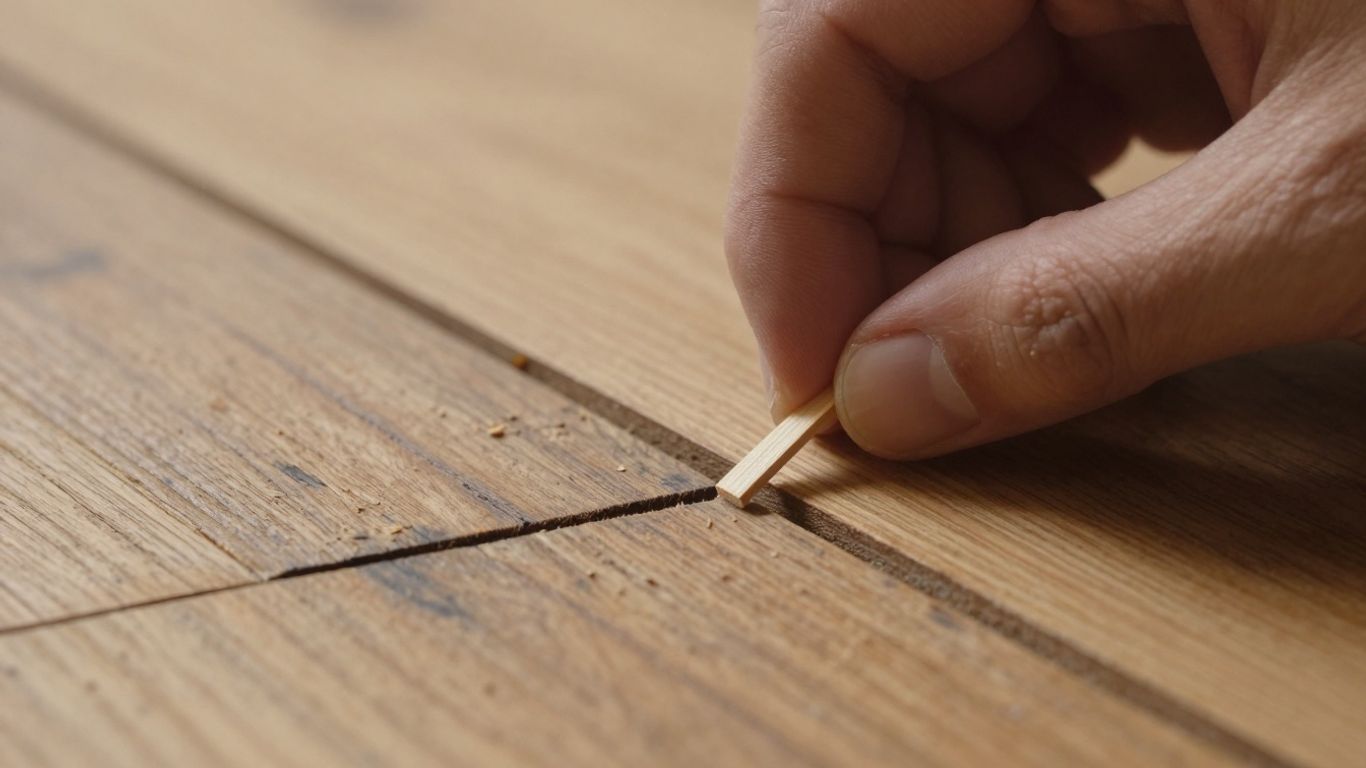 Craftsman filling gap with wood slivers in old floor.