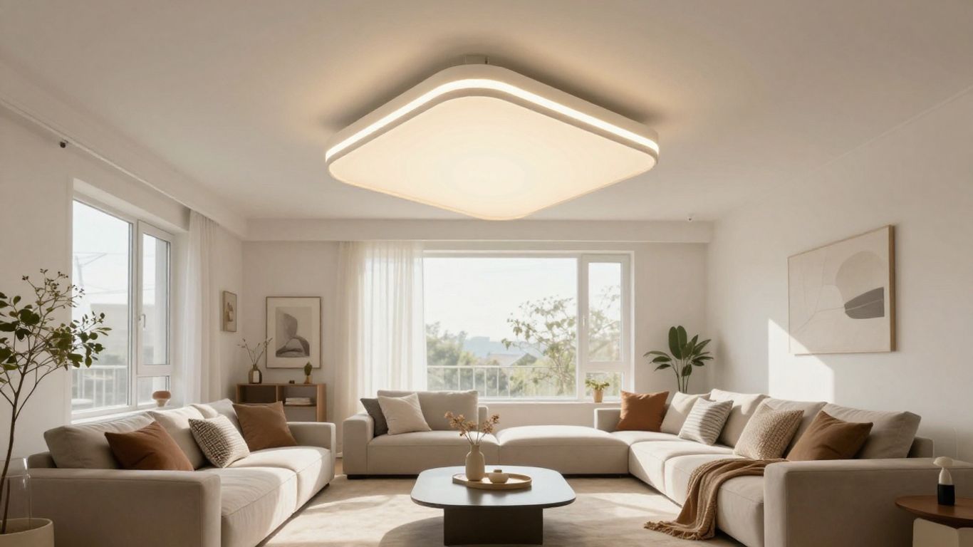 Stylish ceiling lamp illuminating a modern living room.