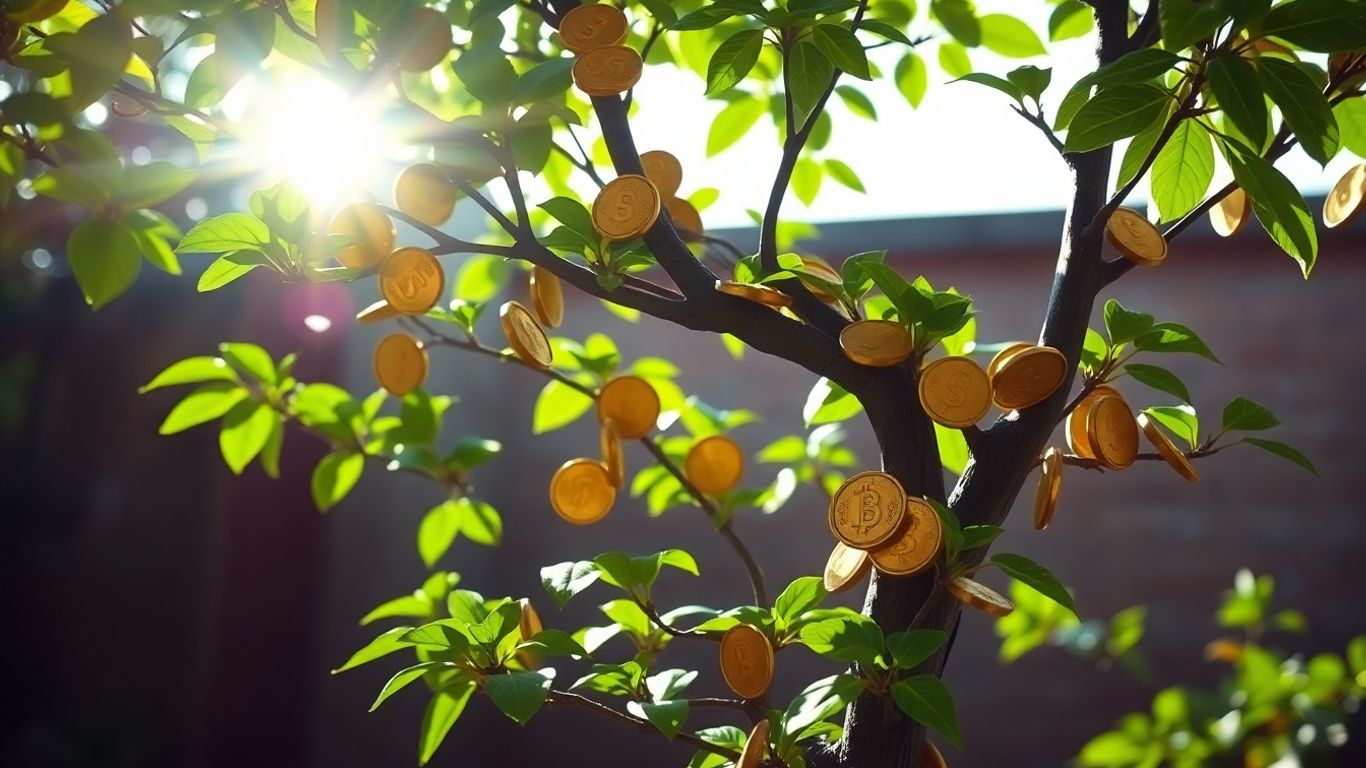 Money tree with golden coins and sunlight