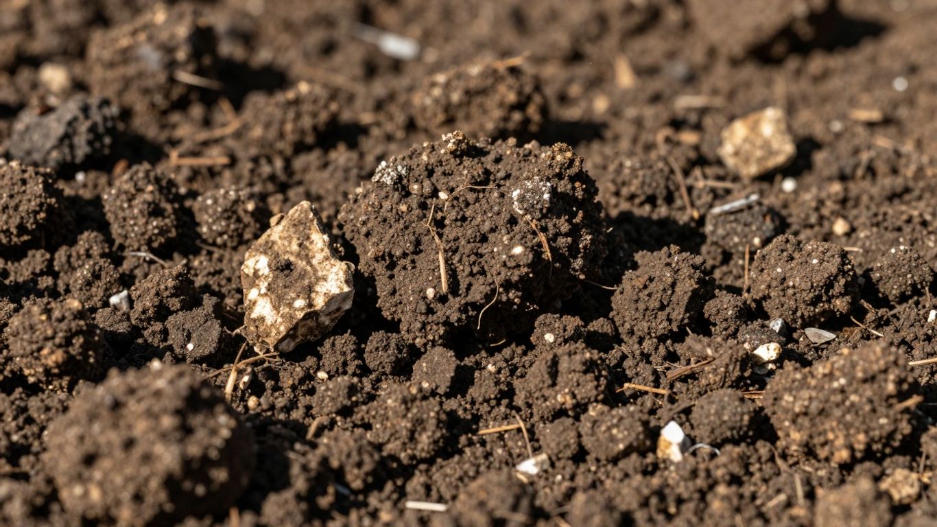 Solo calcário com fragmentos de rocha e textura rica.