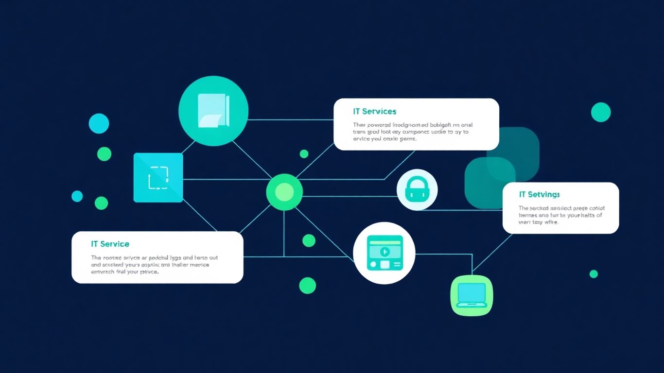 Infographic of interconnected digital elements and abstract shapes.