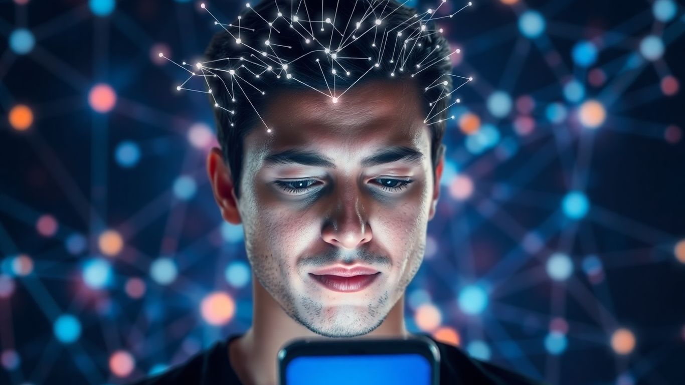 Person's face lit by phone screen, surrounded by data streams.