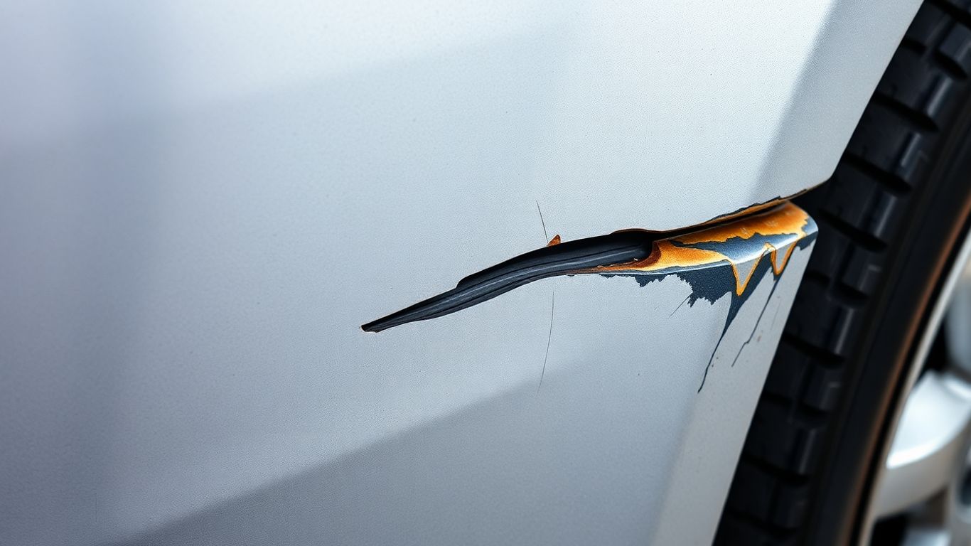 Auto-Schaden an Stoßstange und Spiegel, Reifenprofil.