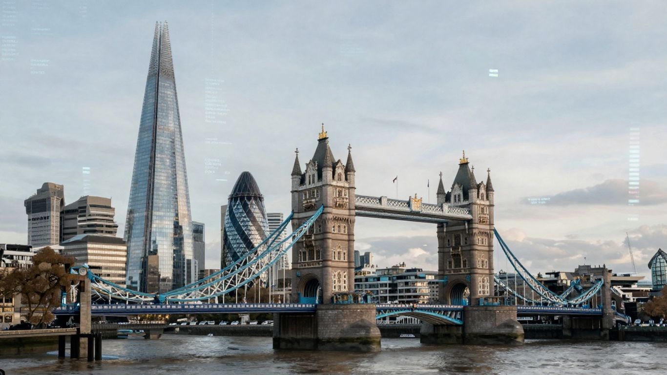 UK cityscape with digital data streams.