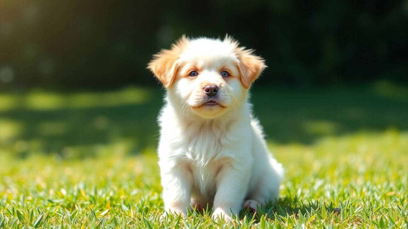 Puppy sitting on grass, looking up attentively.