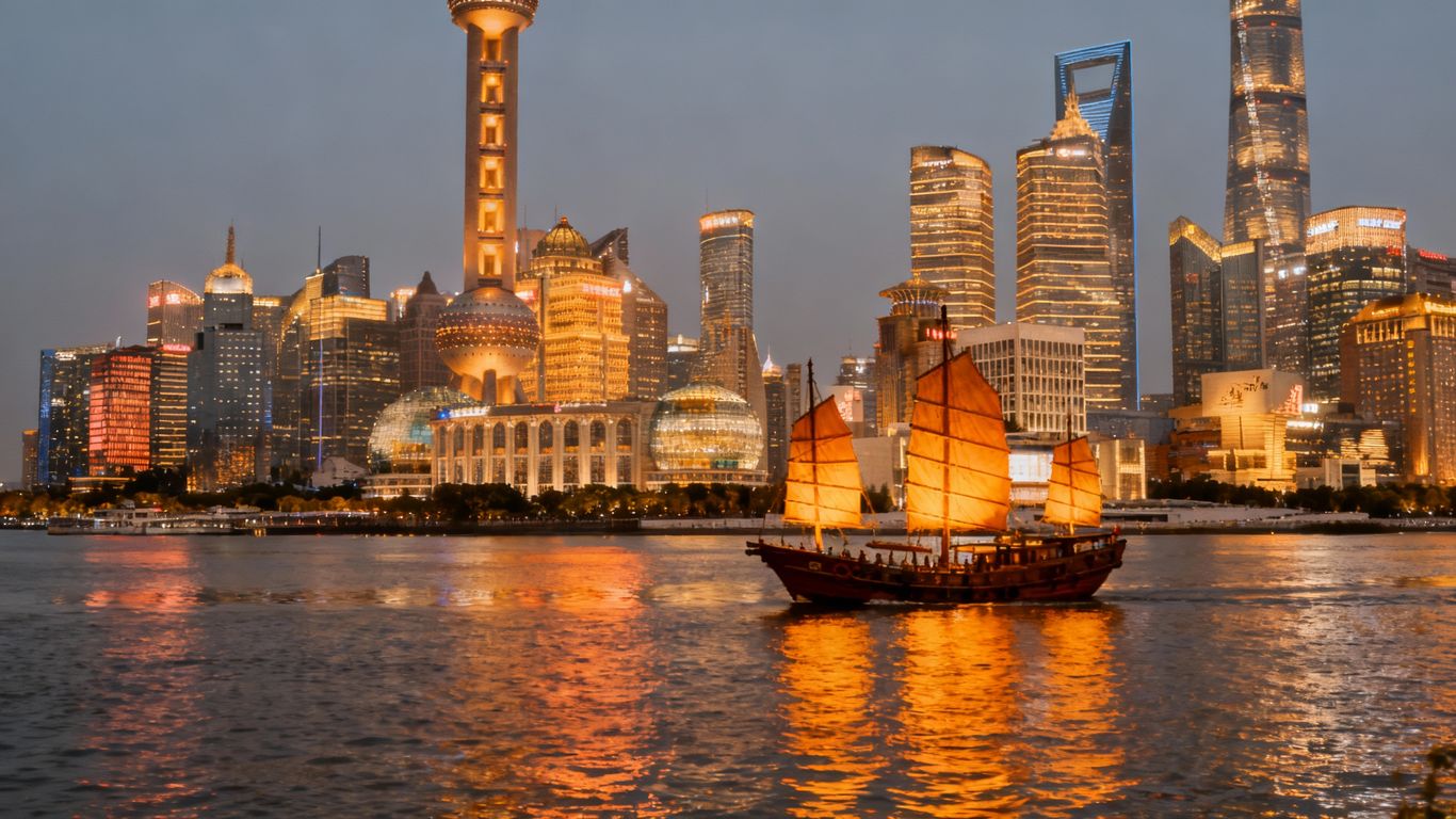 China economy cityscape with skyscrapers and river.