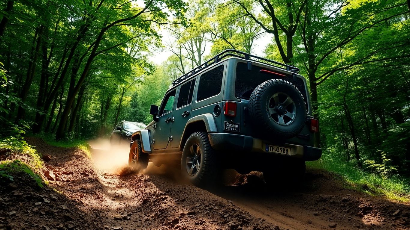 Geländewagen auf schlammigem Offroad-Pfad im Wald