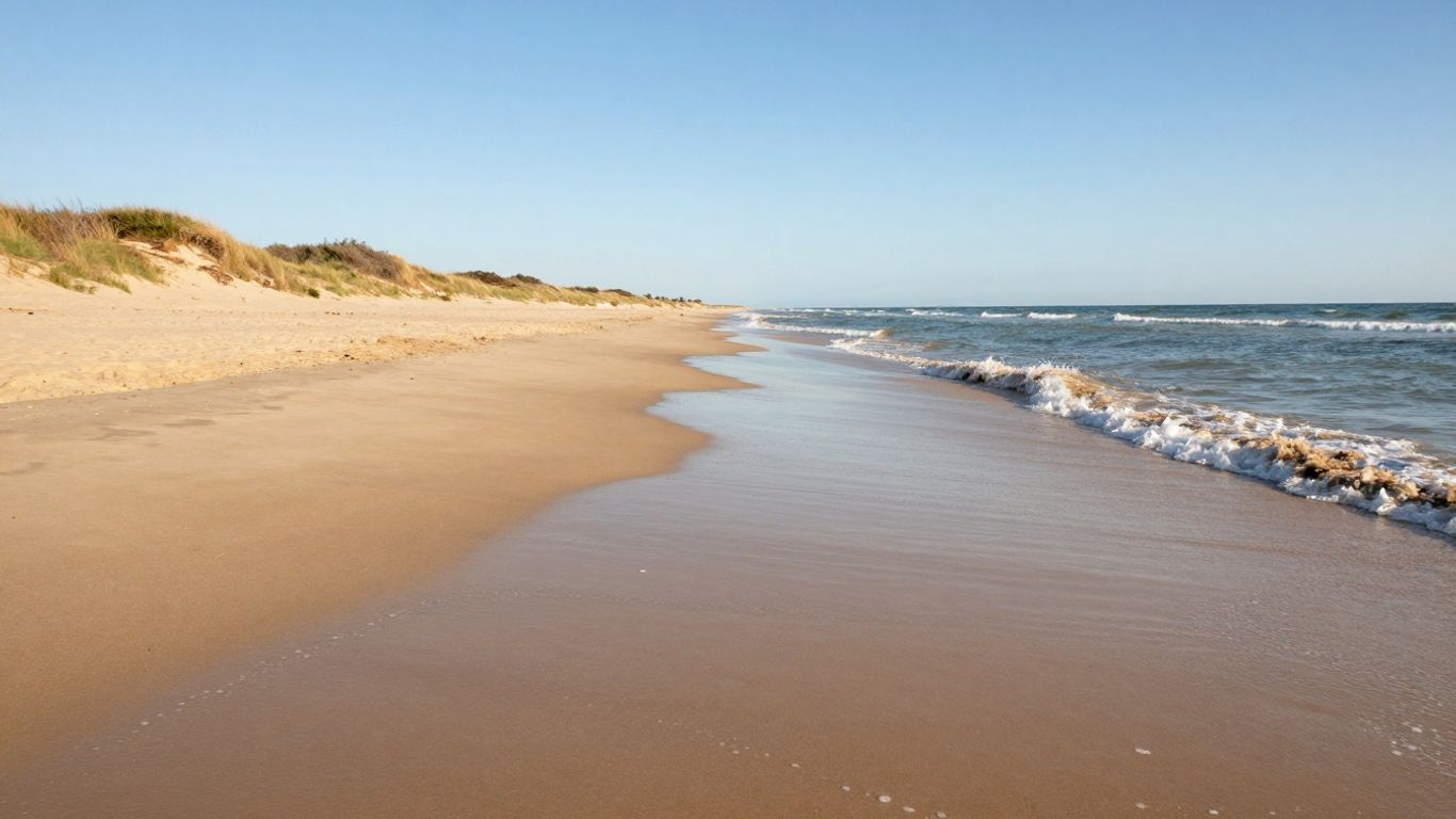 Rustig strand met zand, zee en duinen.