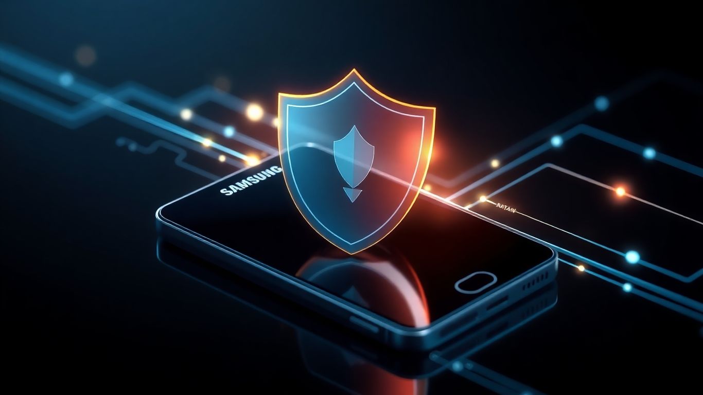 Samsung phone with digital shield protecting against cyber threats.
