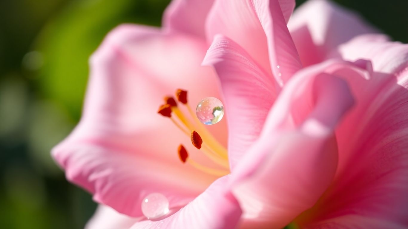 Close-up of a delicate flower with dewdrops on petals.