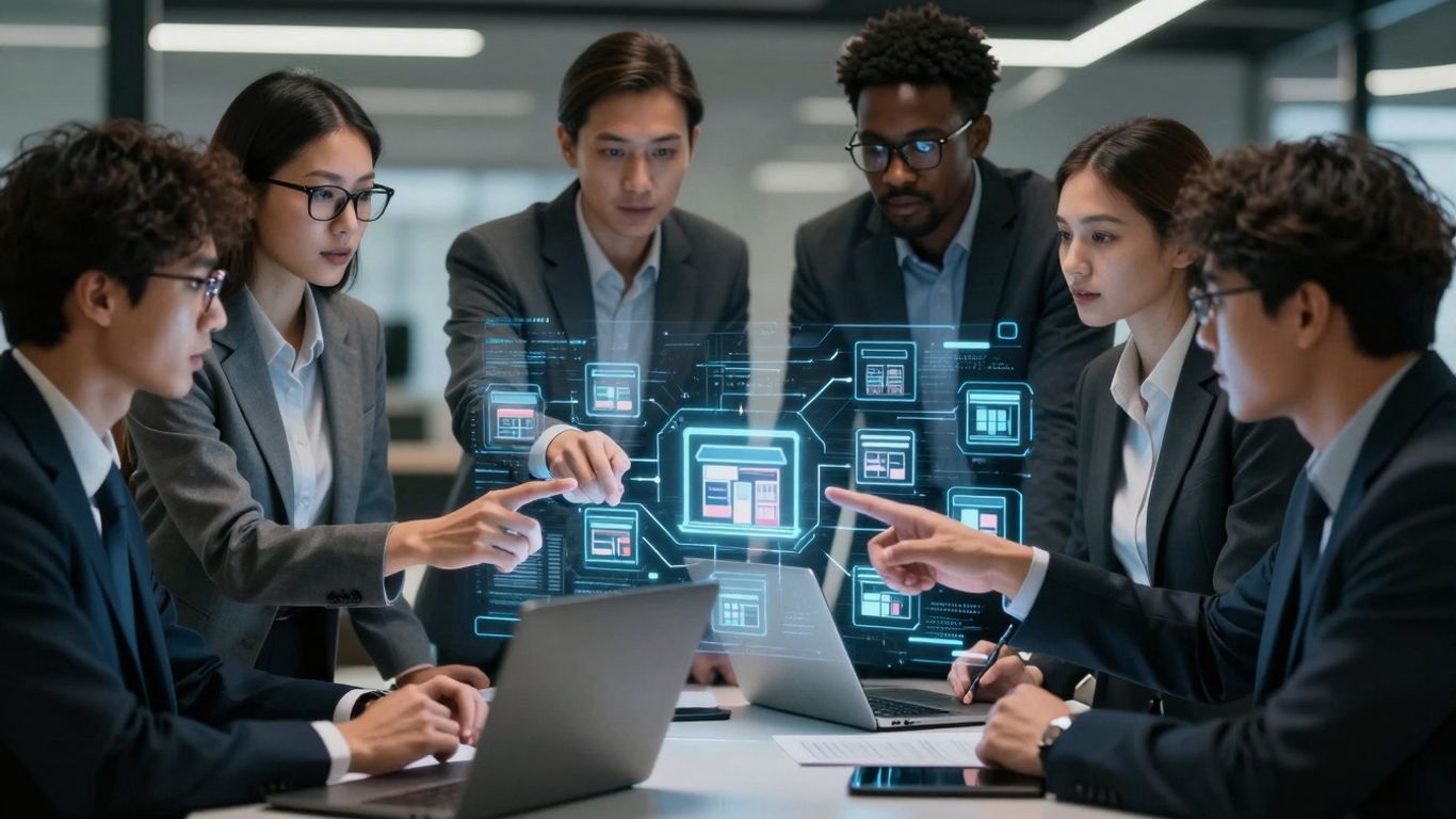 Business professionals discussing e-commerce platforms on a holographic display.