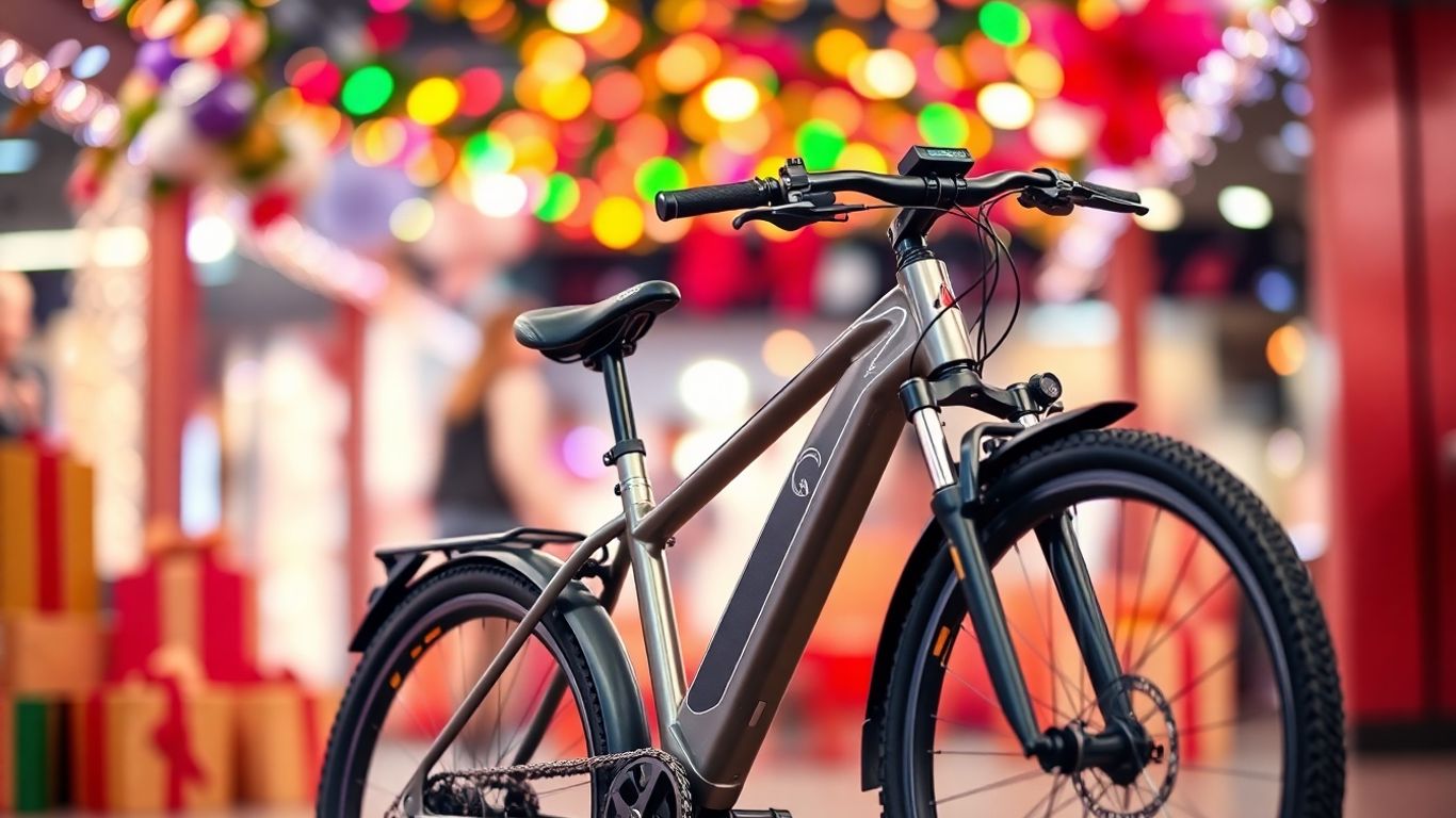 Black Friday e-bike deals with festive lights and gift boxes.