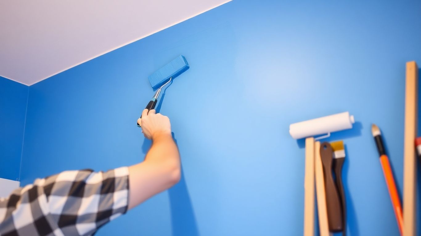 Painter applying blue paint to an interior wall.