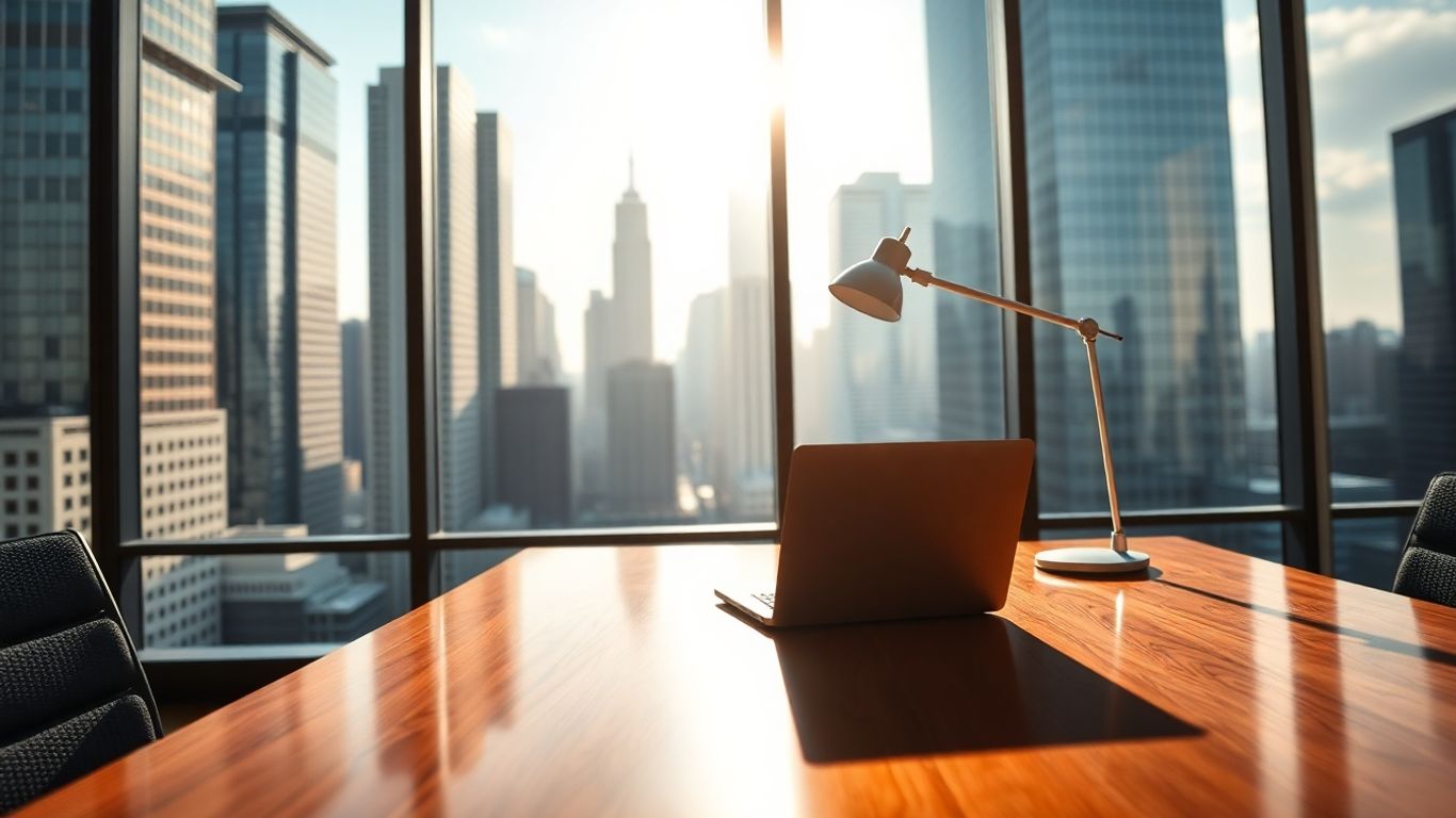 Modern office with city view, symbolizing finance career.