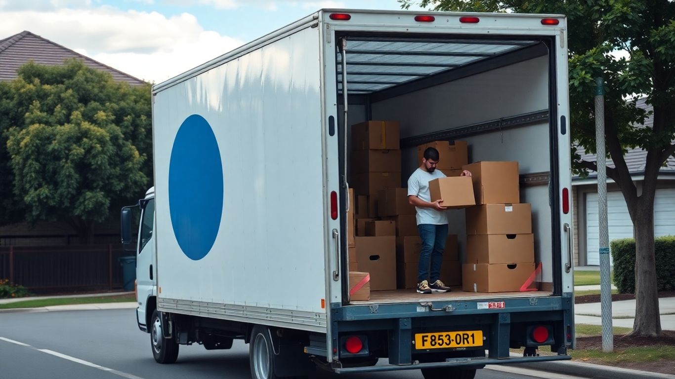 Removalist truck with boxes and person lifting