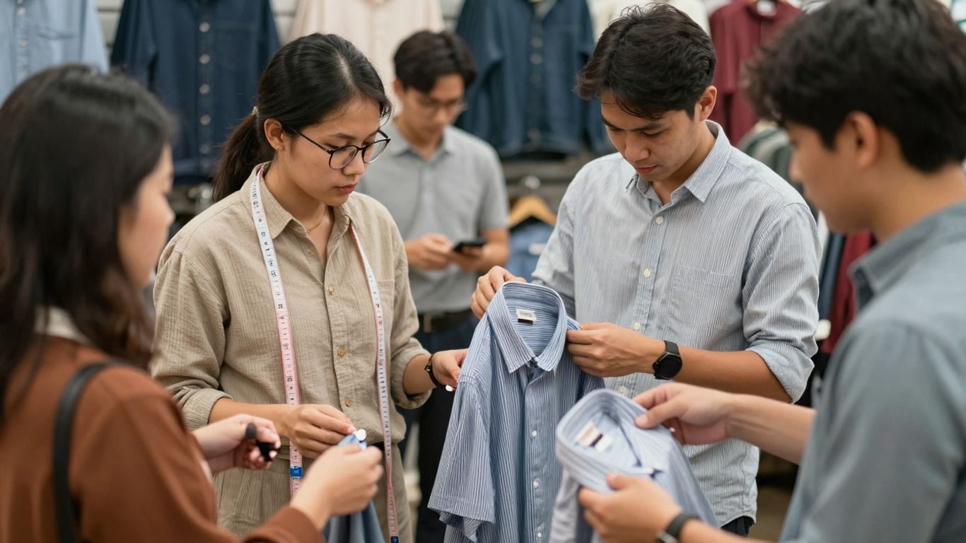 Asian shirt sizes conversion guide with people trying on shirts.
