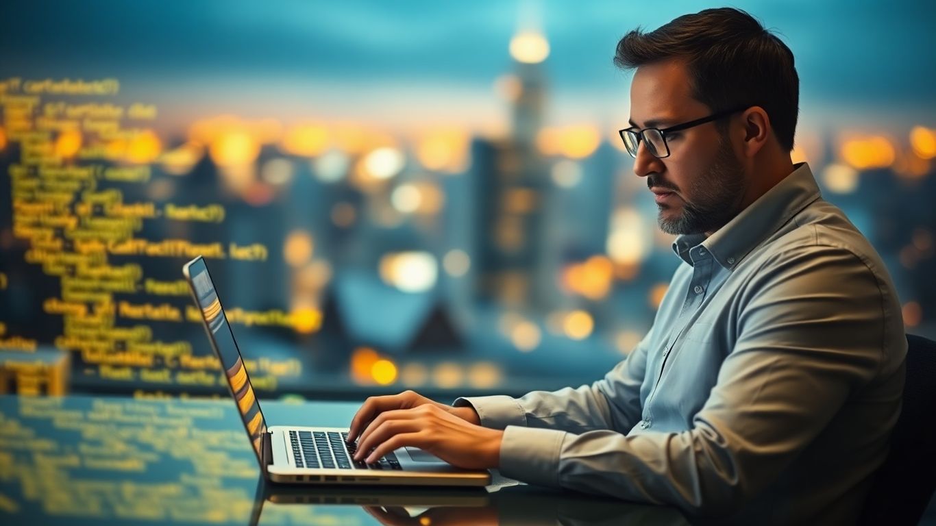 Web developer working on a laptop with code.