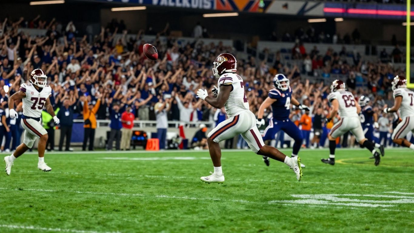 Exciting football game action with cheering crowd.