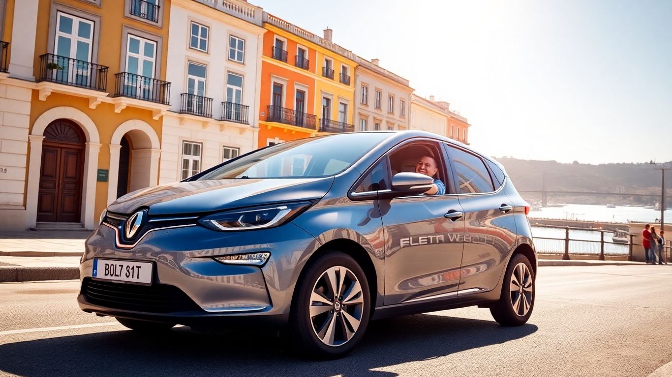 Carro Bolt em Lisboa com motorista sorrindo.