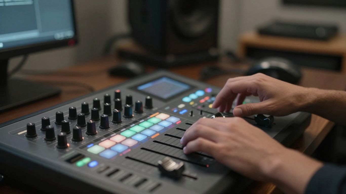 Beatmaker's hands on a music production controller.